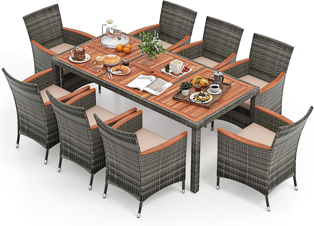 COSTWAY Juego de muebles de jardín de ratán de 9 piezas, conjunto de asientos para 8 personas, mesa de jardín con tablero de madera de acacia, 8 sillas y cojines, juego de muebles de terraza, conjunto de jardín, juego de asientos, grupo de comedor