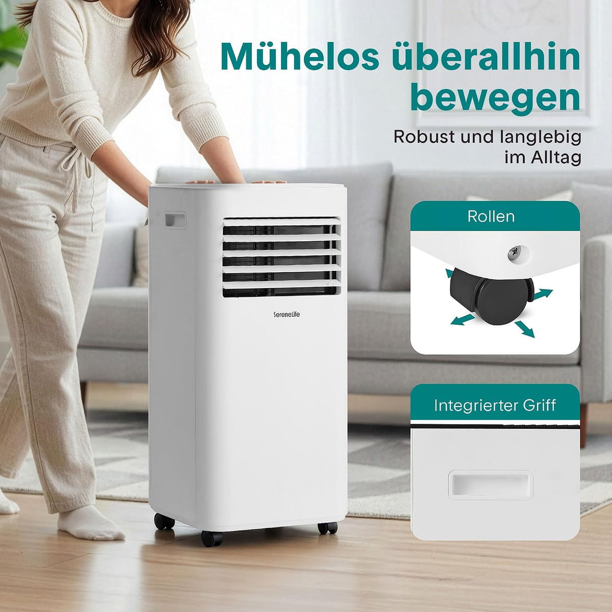 Aire acondicionado portátil SereneLife blanco 9000 BTU 2,64 kW para 28 m² – Aire acondicionado con tubo de escape, 3 en 1 con deshumidificador y ventilador, silencioso 54 dB, incluye kit de ventana y control remoto