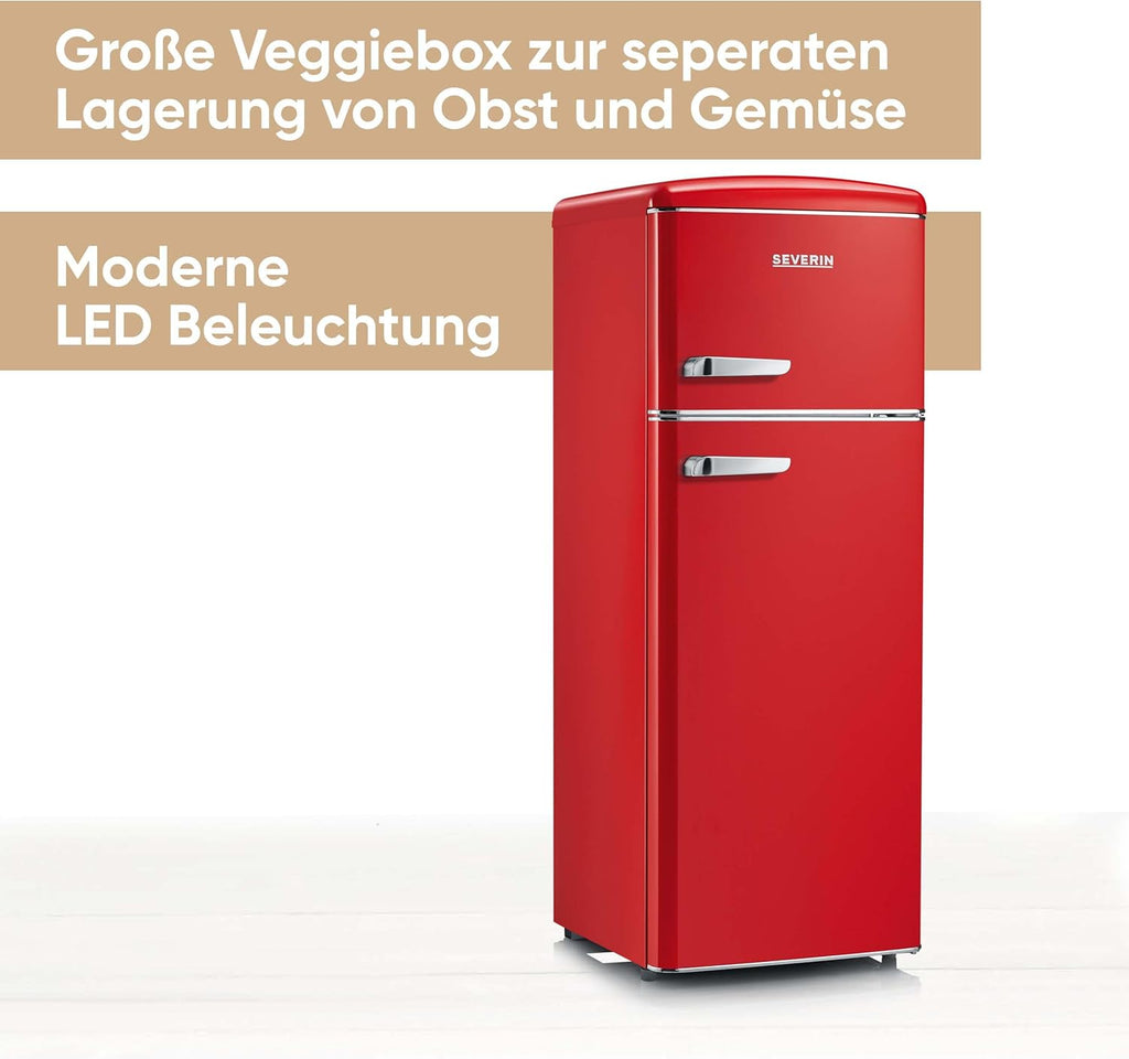 SEVERIN Retro - Frigorífico combi, compacto y eficiente, 4 estantes ajustables en altura y una gran cajonera para verduras, 206 L de capacidad útil, color crema, RKG 8933