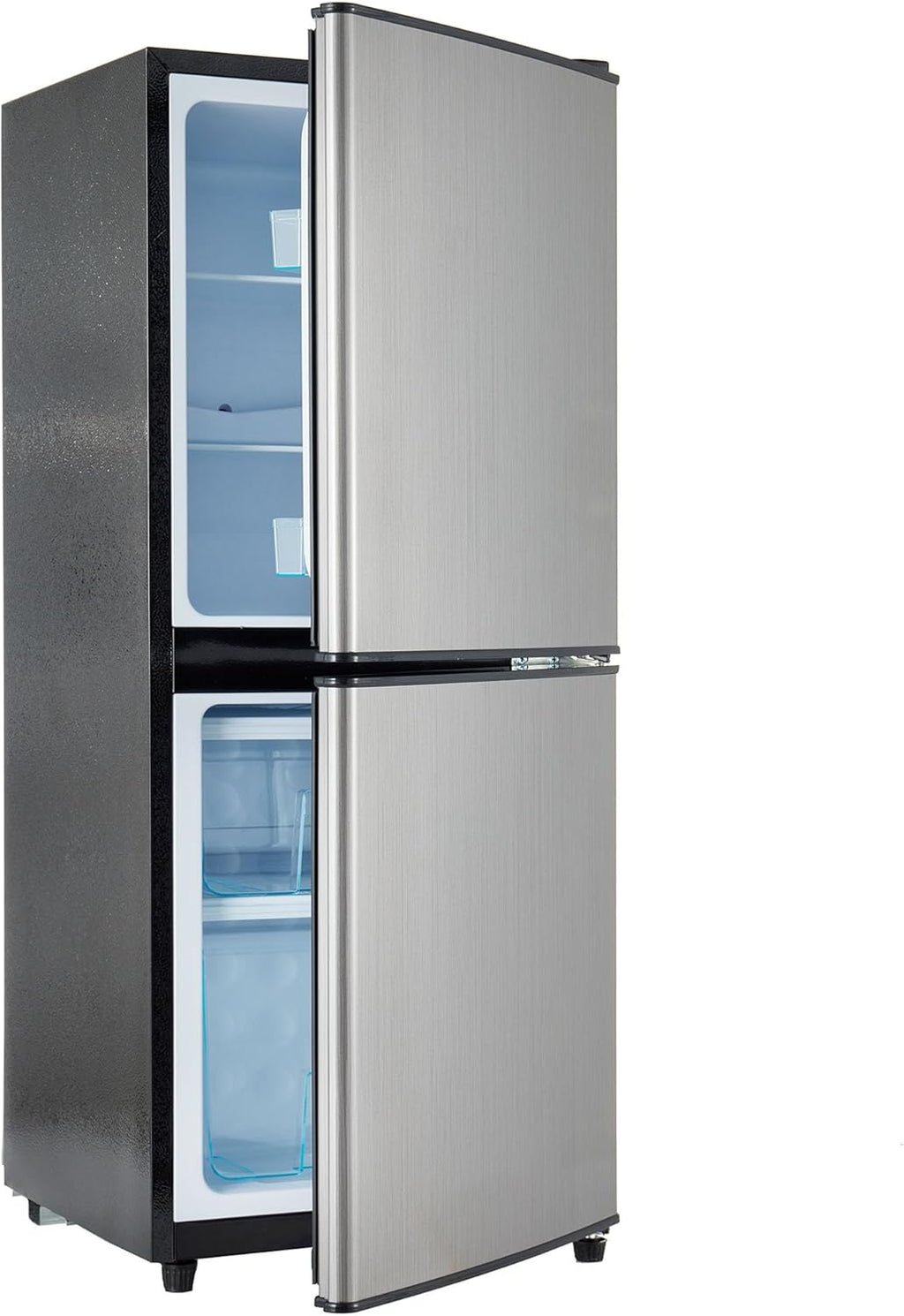 Frigorífico con congelador Merax de 106 l, combinación de frigorífico y congelador con nevera de 60 l, congelador de 46 l, 7 ajustes de temperatura, iluminación LED, estantes ajustables, funcionamiento silencioso de 45 dB, gris plateado