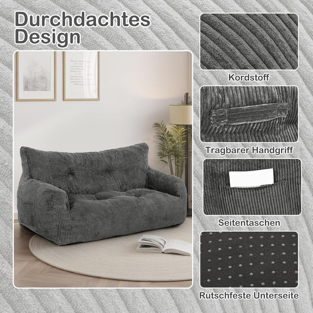 Puf Pamapic, puf para adultos con relleno, sillón doble tipo lounge con asa portátil, puf ergonómico moderno, silla tipo puf para interiores para sala de estar, dormitorio, sala de juegos, gris