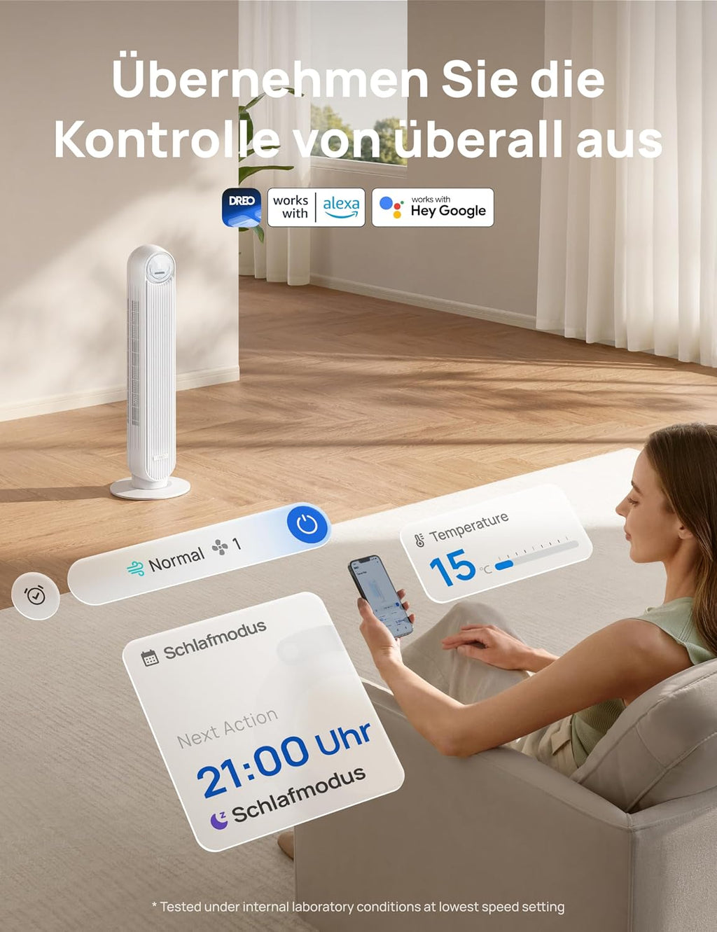 Ventilador de torre inteligente Dreo, 20 dB ultra silencioso, alcance de 10 m, 4 velocidades, 4 modos, temporizador de 8 h, oscilación de 90°, ventilación con refrigeración, Wi-Fi y mando a distancia para dormitorio, Nomad OneS, blanco