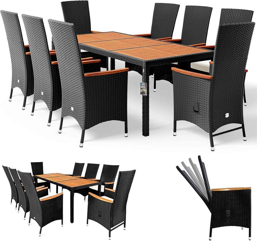 Conjunto de muebles de jardín Casaria®: 8 sillas con cojines de 7 cm, mesa, 2 respaldos ajustables, muebles de terraza para exteriores, polirratán, resistente a la intemperie, madera de acacia, comedor, jardín, balcón, salón.