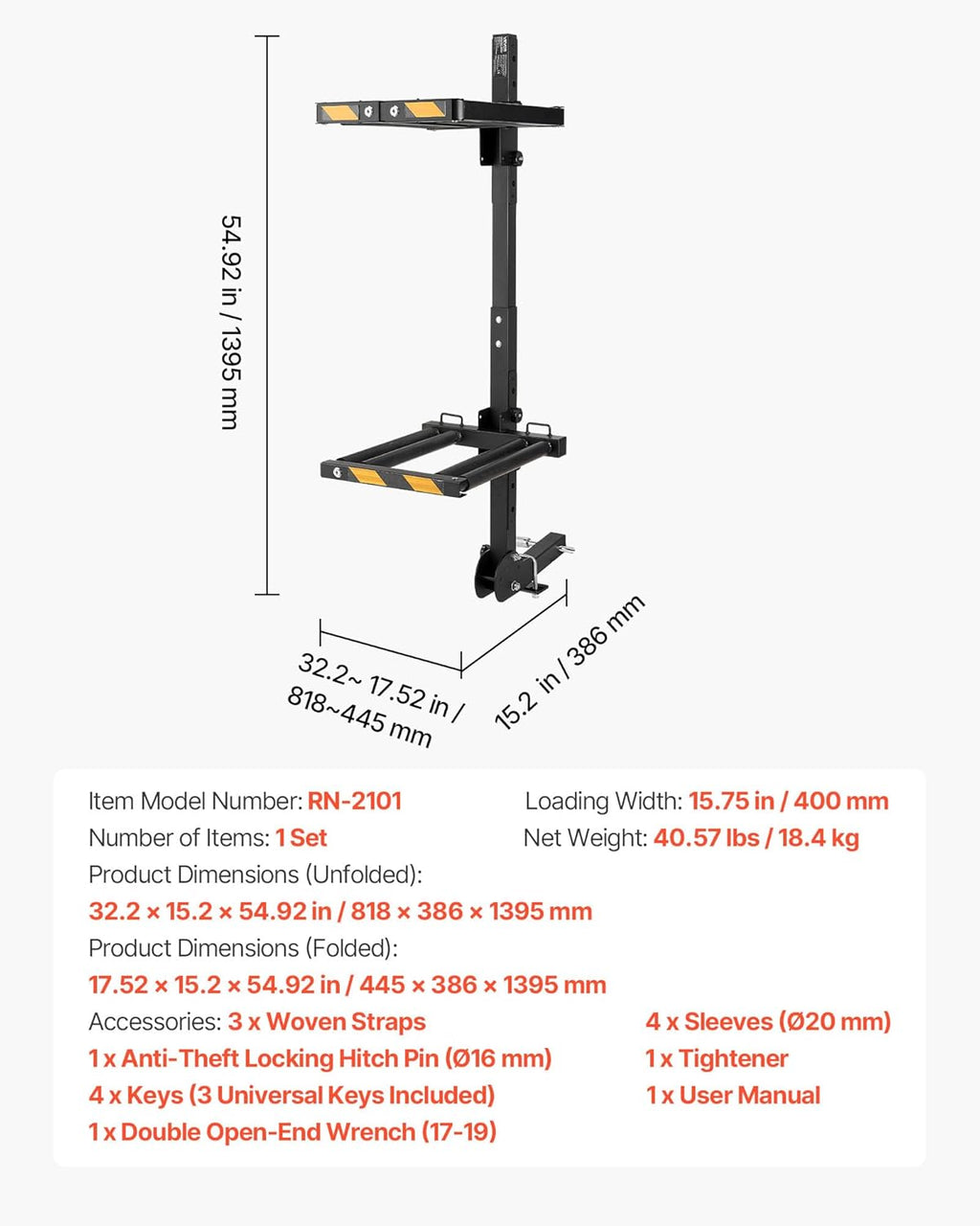 Portaesquís de remolque plegable VEVOR, compatible con receptor de 5 cm, soporte ajustable para tablas de snowboard, capacidad para 6 pares de esquís o 4 tablas, con cerradura, correa de seguridad, acceso inclinable