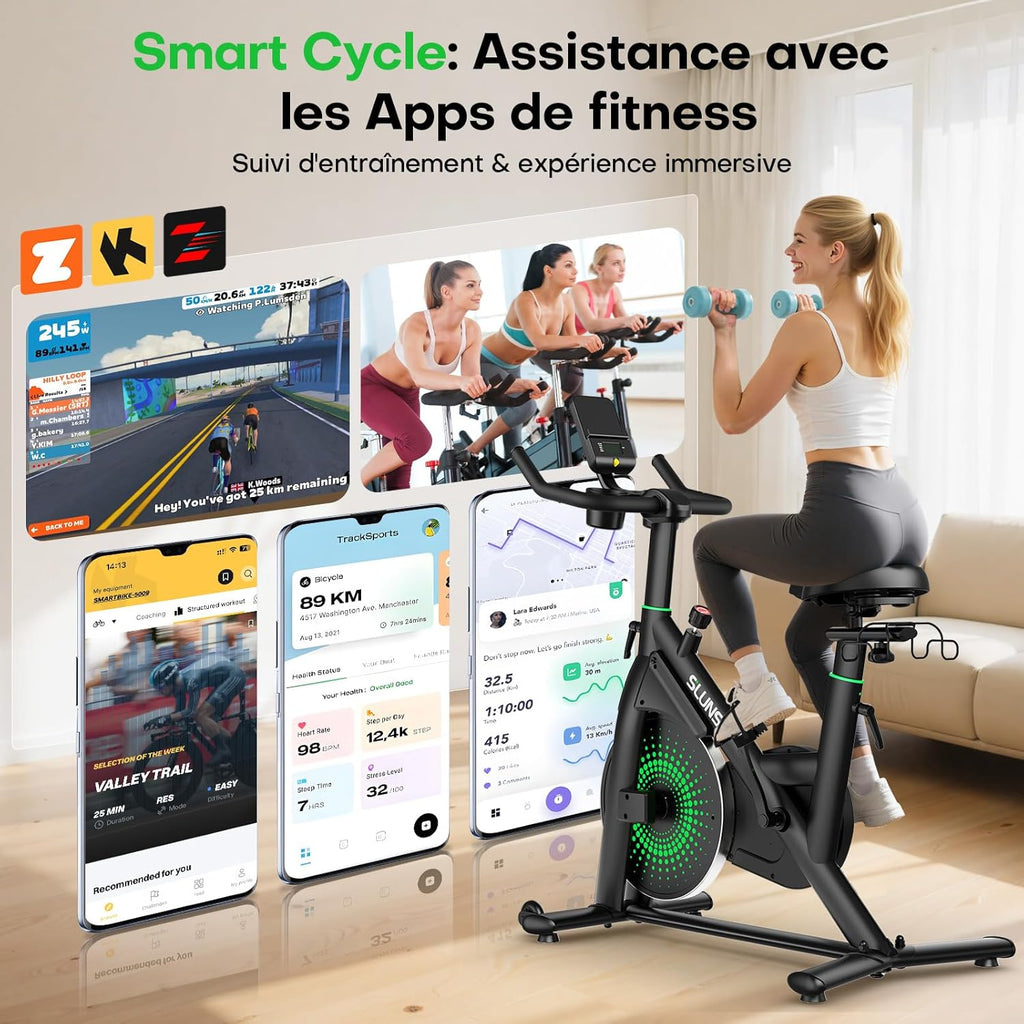 Bicicleta estática para casa, bicicleta de fitness interior silenciosa con resistencia ajustable, bicicleta estática con aplicación, soporte para mancuernas, pantalla LCD, asiento cómodo, capacidad de 180 kg