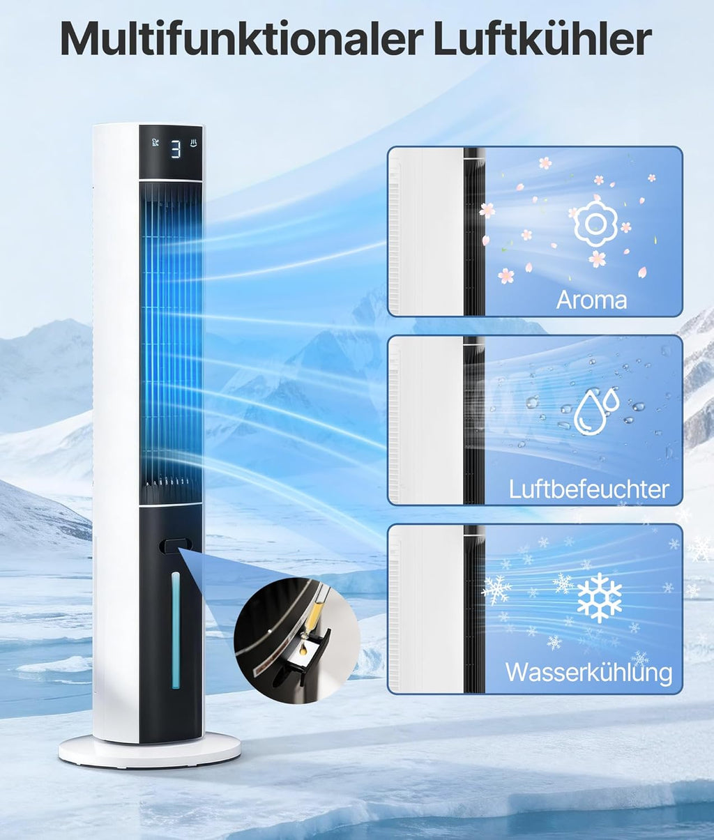 Ventilador de torre enfriador de aire con refrigeración por agua - Aire acondicionado portátil sin tubo de escape, ventilador con refrigeración silencioso, 3 modos-temporizador de 12 h-aroma-mando a distancia, para habitaciones y hogar