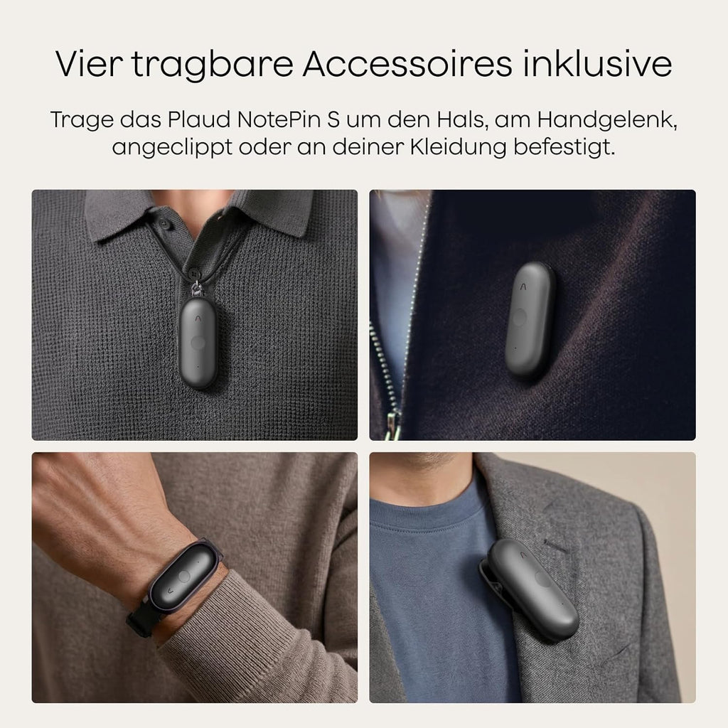 Grabadora de voz con IA NotePin S, grabadora de voz con transcripción y resumen, 64 GB de memoria, dispositivo de grabación con 4 accesorios