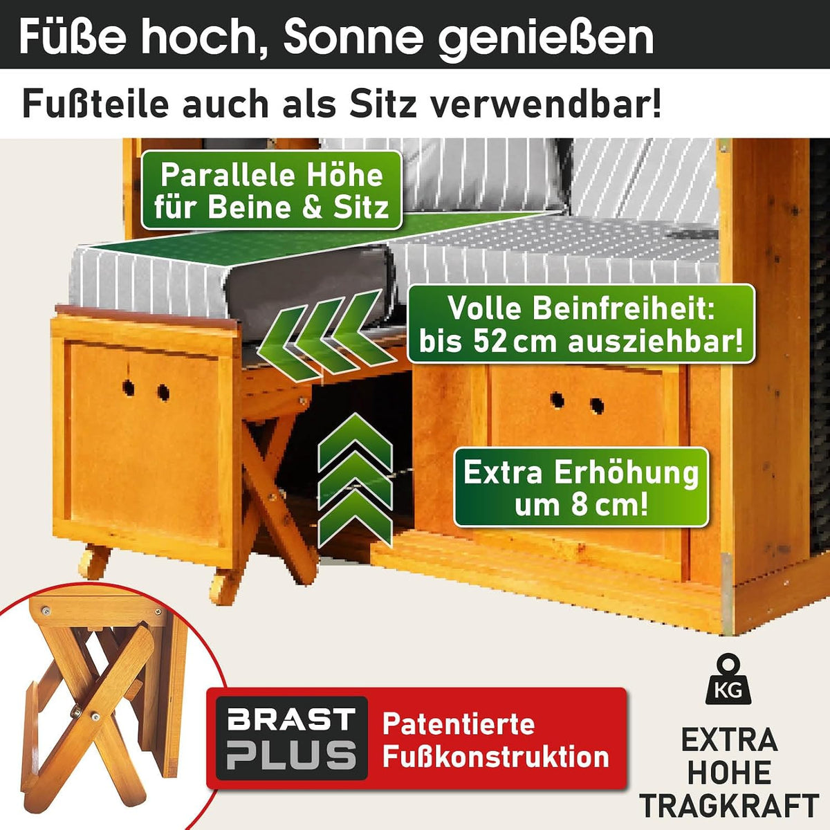 BRAST® Tumbona de playa Rügen Deluxe | para 2 personas | 120 cm de ancho | 5 diseños | incl. funda protectora resistente a la intemperie | respaldo ajustable y cojín de pies suave | Antracita/Gris - a rayas