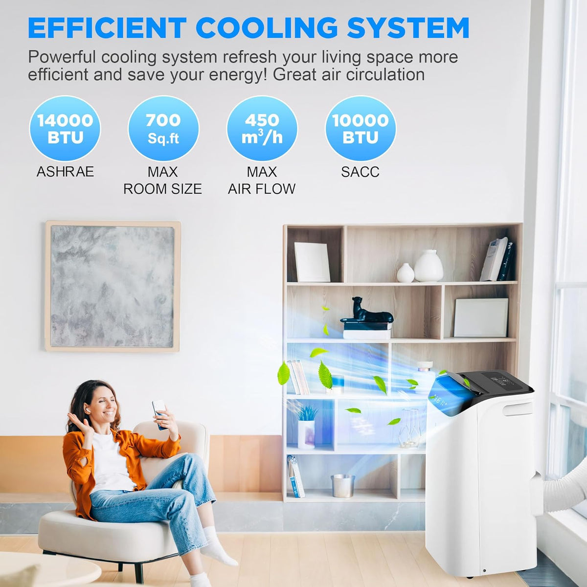 Aire acondicionado portátil de 14000 BTU con mando a distancia, unidad de CA 3 en 1 con ventilador y deshumidificador, enfría habitaciones de hasta 200 m², modo