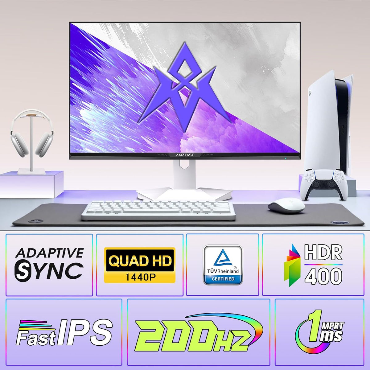 Amzfast Monitor Gaming de 27 pulgadas - 200Hz, QHD 2560x1440, Pantalla Fast IPS, 1ms MPRT, 95% DCI-P3, 130% sRGB, Luz azul reducida, HDR400, Adaptive Sync, VESA 100x100, HDMI 2.0x2/DP 1.4x2, Blanco - AMZG27F6Q