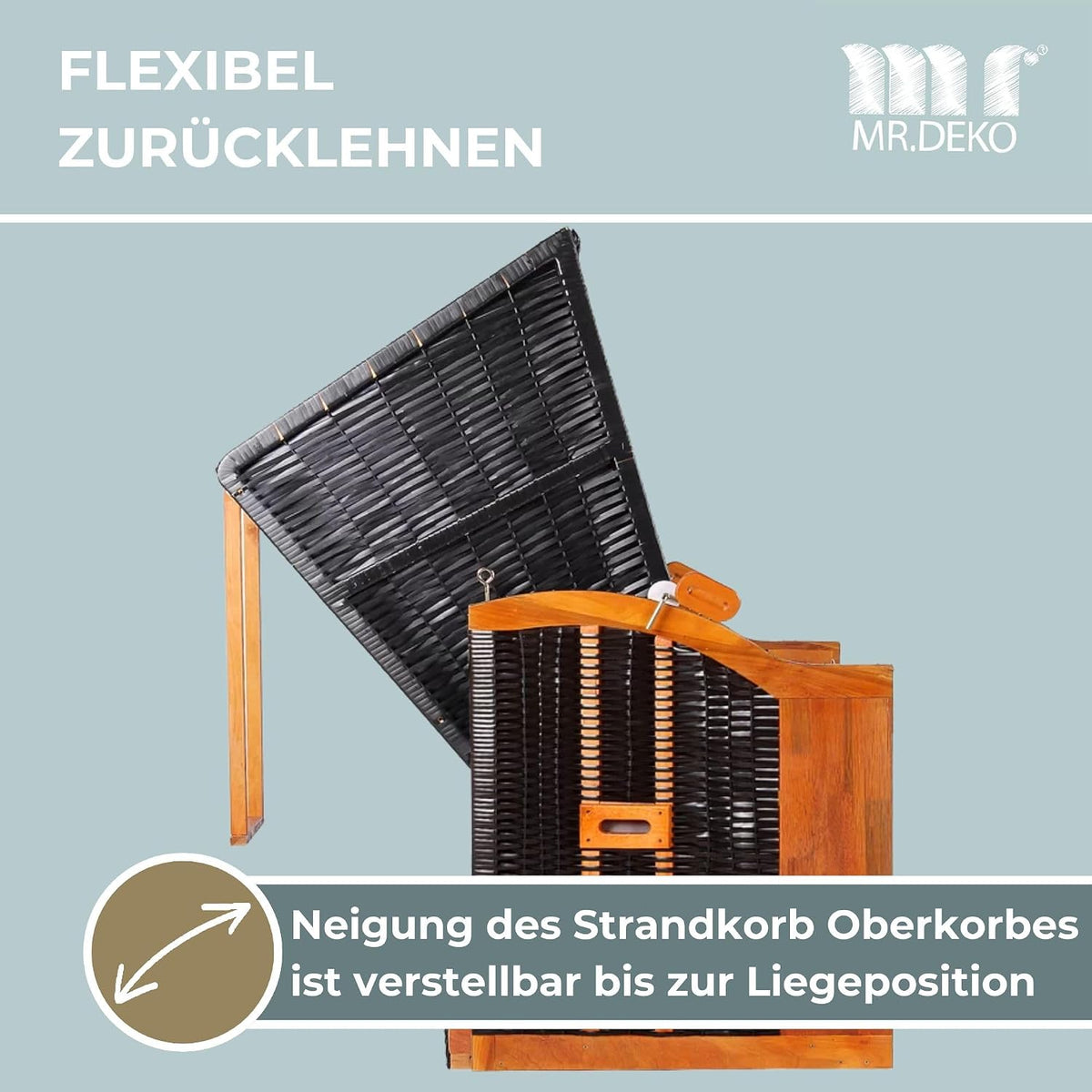 MR. DEKO Strandkorb Ostsee Wacholder PE Negro (Diseño Royal Gris) | Strandkorb de 2 plazas resistente a la intemperie | Tumbona completa de madera dura para dos personas | Strandkörbs para balcón | Silla de playa para jardín
