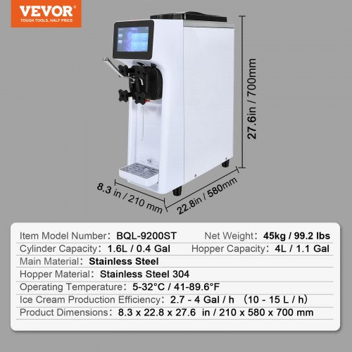 Máquina de helado soft, 10 l/h, rendimiento, sabor único, encimera