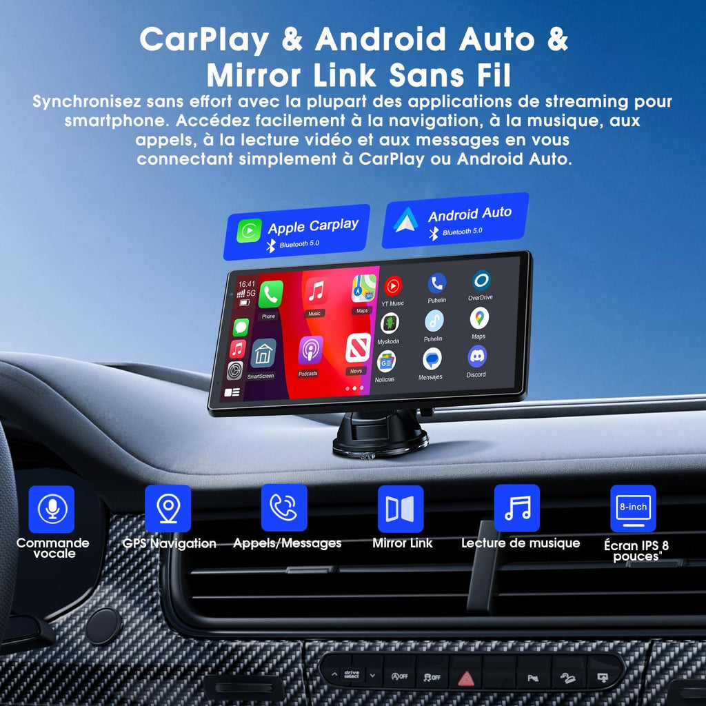 Pantalla Avylet CarPlay y Android Auto inalámbrica de 8'' con cámara de reversa AHD 1080P, Mirror Link, control por voz, llamadas manos libres, Bluetooth, actualización OTA, navegación GPS, AUX, FM
