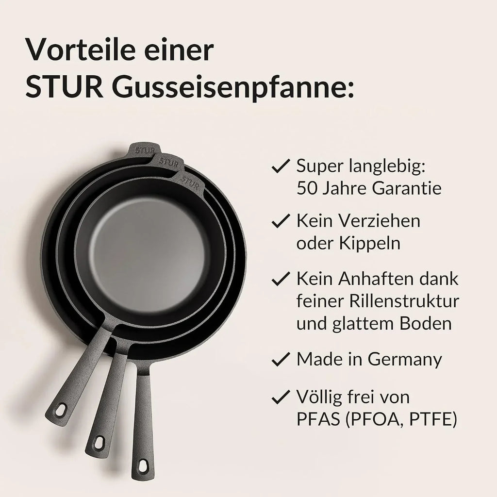 Sartén de hierro fundido de 28 cm, apta para inducción y todo tipo de cocinas, pulida finamente, sin recubrimiento, fabricada en Alemania.