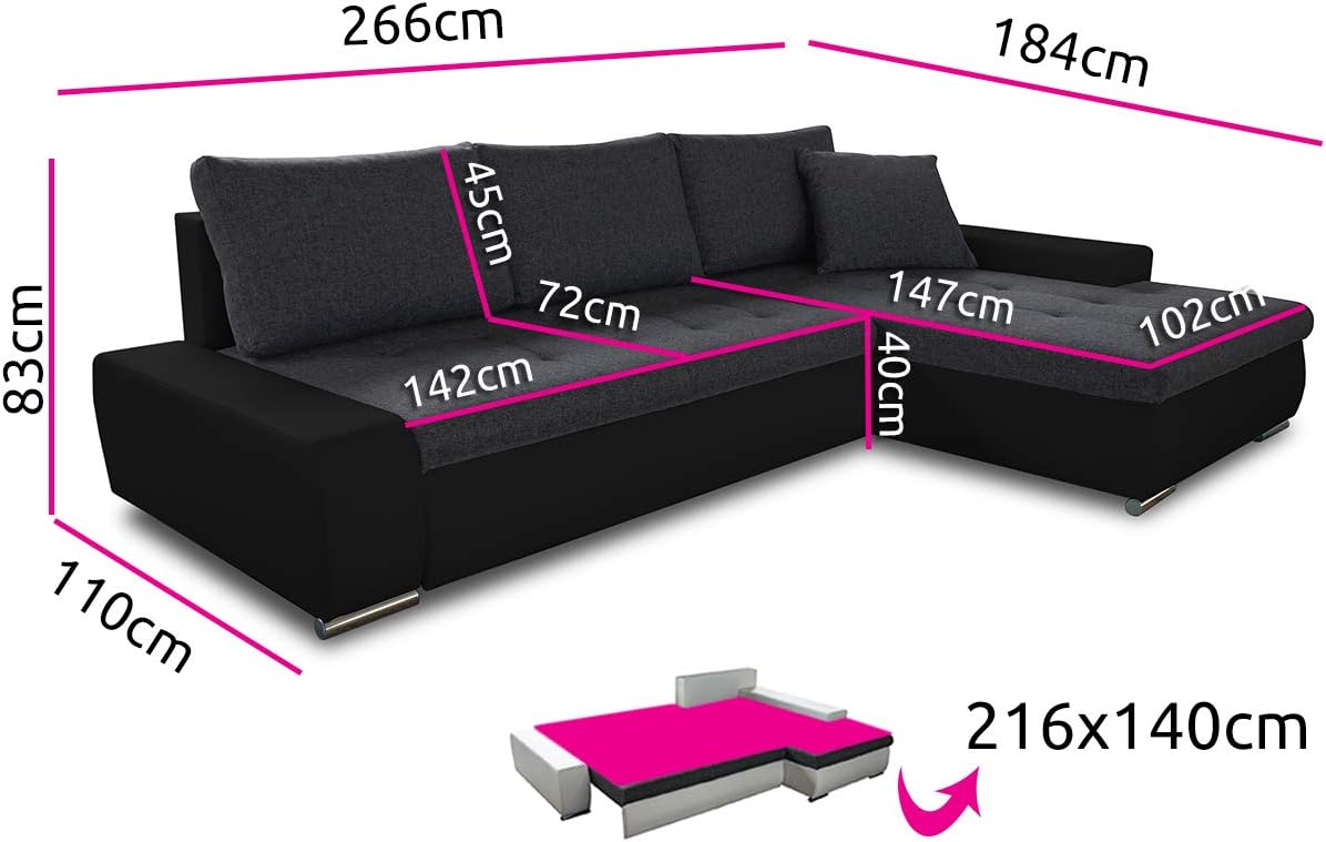 Sofá esquinero con función cama Faris - Sofá con arcón, sofá grande, conjunto de sofás, conjunto de sofás, sofá rinconera, cama (Negro + Grafito (Madryt 1100 + Inari 94), sofá esquinero derecho)