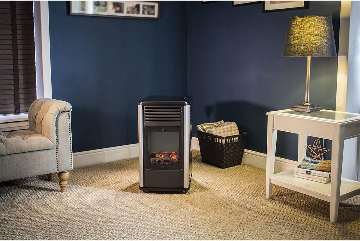 Sahara - Estufa de gas 3,4KW Azul y Negro con efecto estufa de leña Manhattan Calefactor auxiliar + Manguera de gas + Regulador de butano