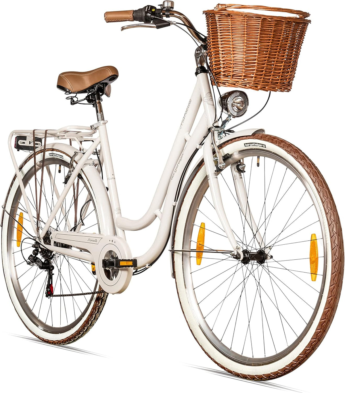 Bergsteiger Marseille 26, 28 pulgadas, bicicleta de paseo para mujer, a partir de 150 cm, cesta de mimbre, luz para bicicleta, bicicleta urbana para mujer, bicicleta de mujer con diseño retro, cambio Tourney de 6 velocidades, cambio de marchas por cadena