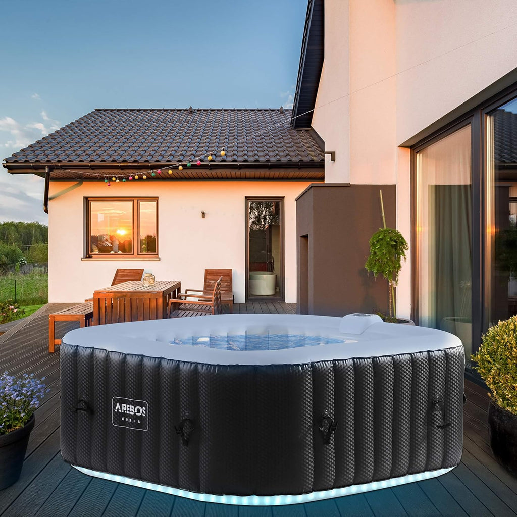 Jacuzzi Arebos | 154 x 154 cm | con iluminación LED | inflable | cuadrado | interior y exterior | 4 personas | 100 chorros de masaje | con calefacción | 600 L | incluye cubierta | Bubble Spa y masaje de bienestar