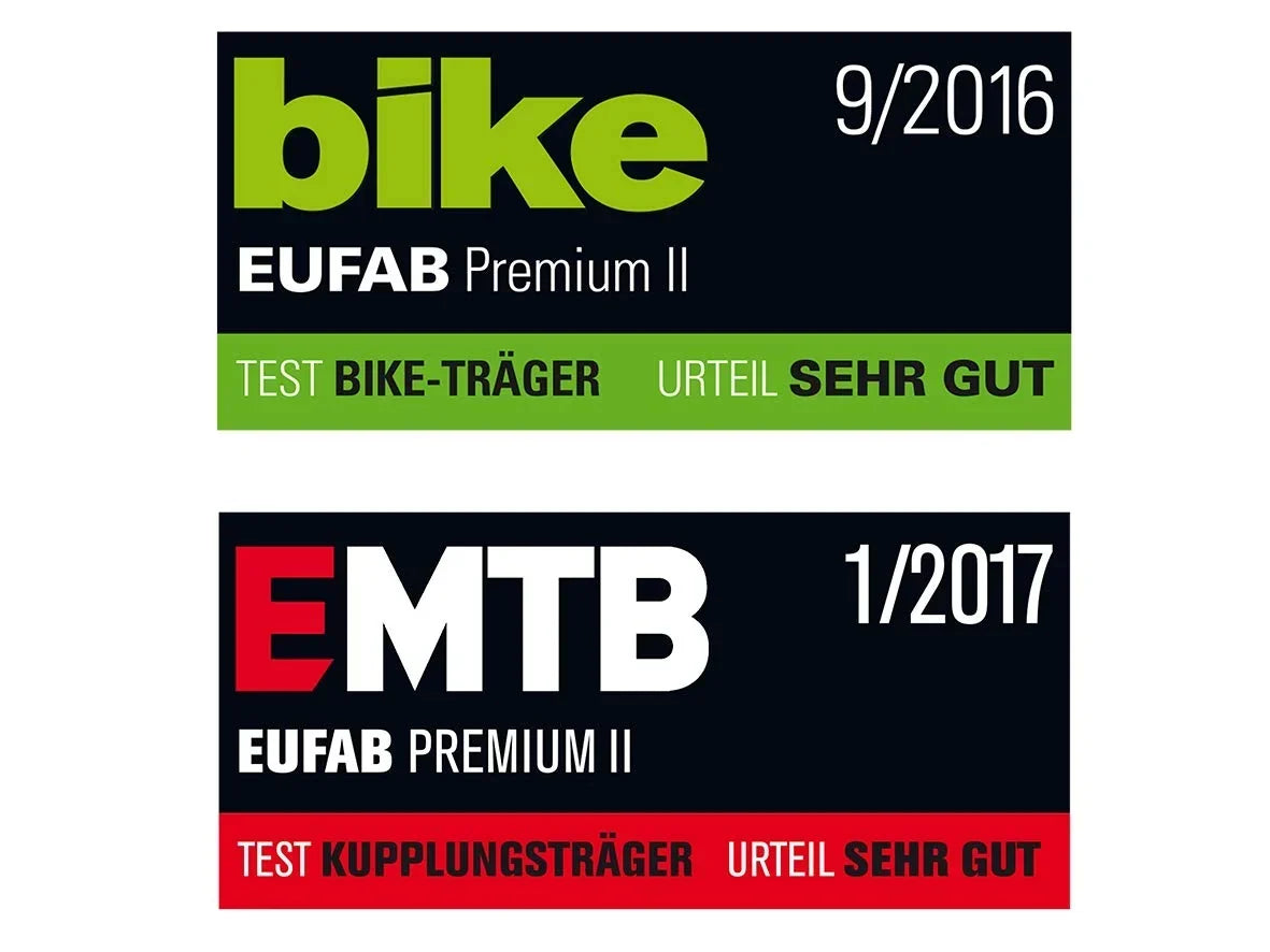 Portabicicletas EUFAB Premium 2 para 2 bicicletas 11521, apto para bicicletas eléctricas, premontado, antirrobo, para enganche de remolque, negro y plateado
