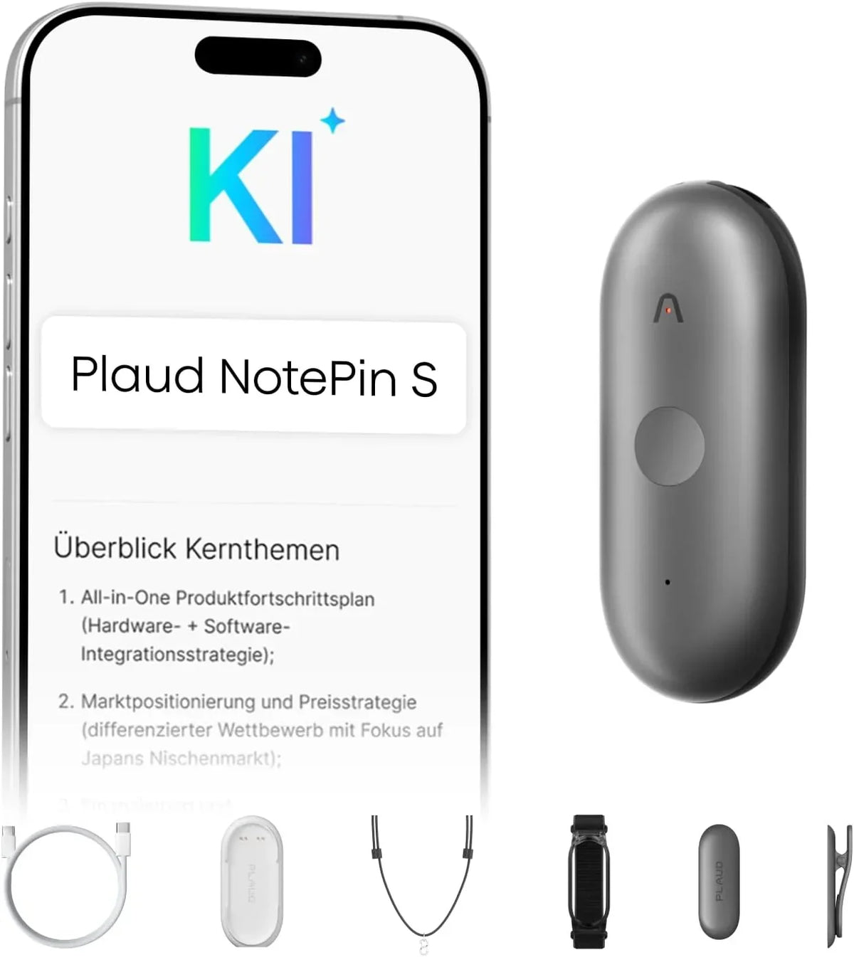 Grabadora de voz con IA NotePin S, grabadora de voz con transcripción y resumen, 64 GB de memoria, dispositivo de grabación con 4 accesorios