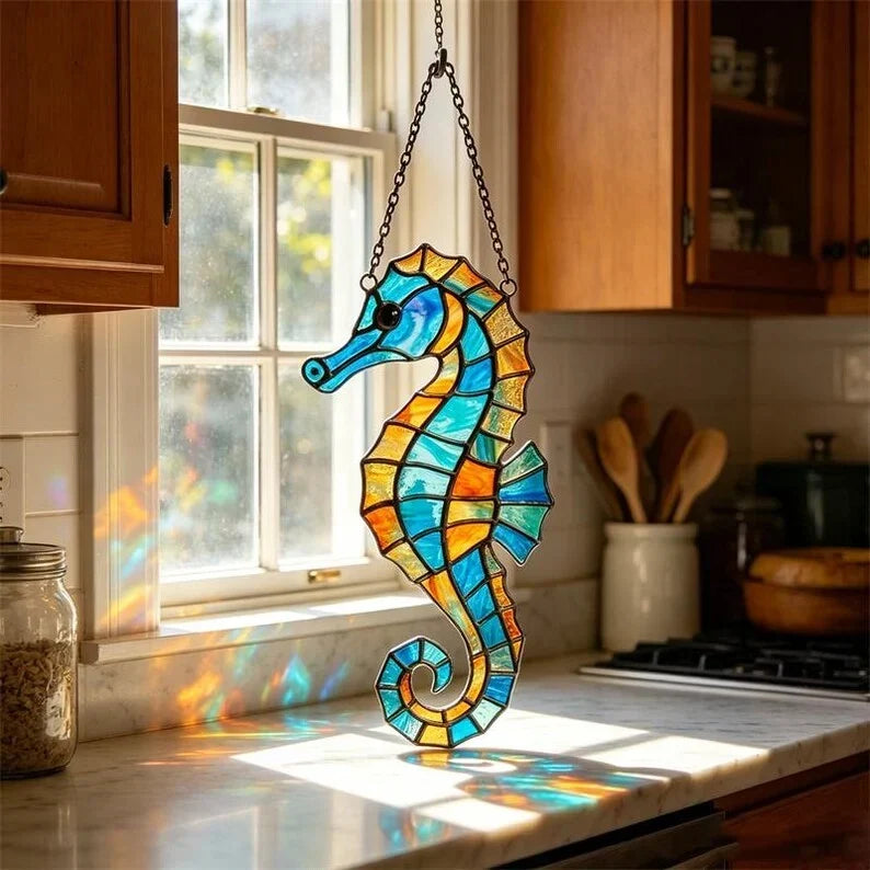 Atrapasueños de vitral de caballito de mar, colgante de ventana de océano, decoración de pared de vidrio costero, decoración de casa de playa, 4-12 pulgadas