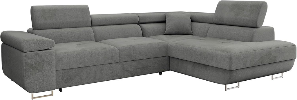 Sofá rinconero Mirjan24 Torezio con arcón, reposacabezas ajustables, sofá cama, sofá esquinero para salón, sofá tapizado, sofá en forma de L con función cama (Manila 16, lado: derecho)