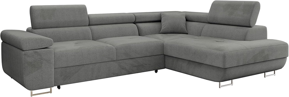 Sofá rinconero Mirjan24 Torezio con arcón, reposacabezas ajustables, sofá cama, sofá esquinero para salón, sofá tapizado, sofá en forma de L con función cama (Manila 16, lado: derecho)