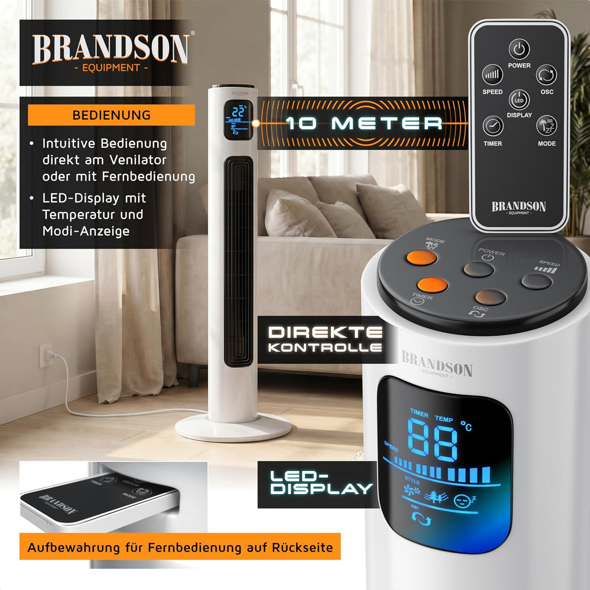 Brandson - Ventilador de torre con mando a distancia 96 cm - Galardonado 2026 - ventilador portátil silencioso - ventilador de pie con oscilación - 3 velocidades 3 modos - temporizador - ventilador - GS - blanco perla