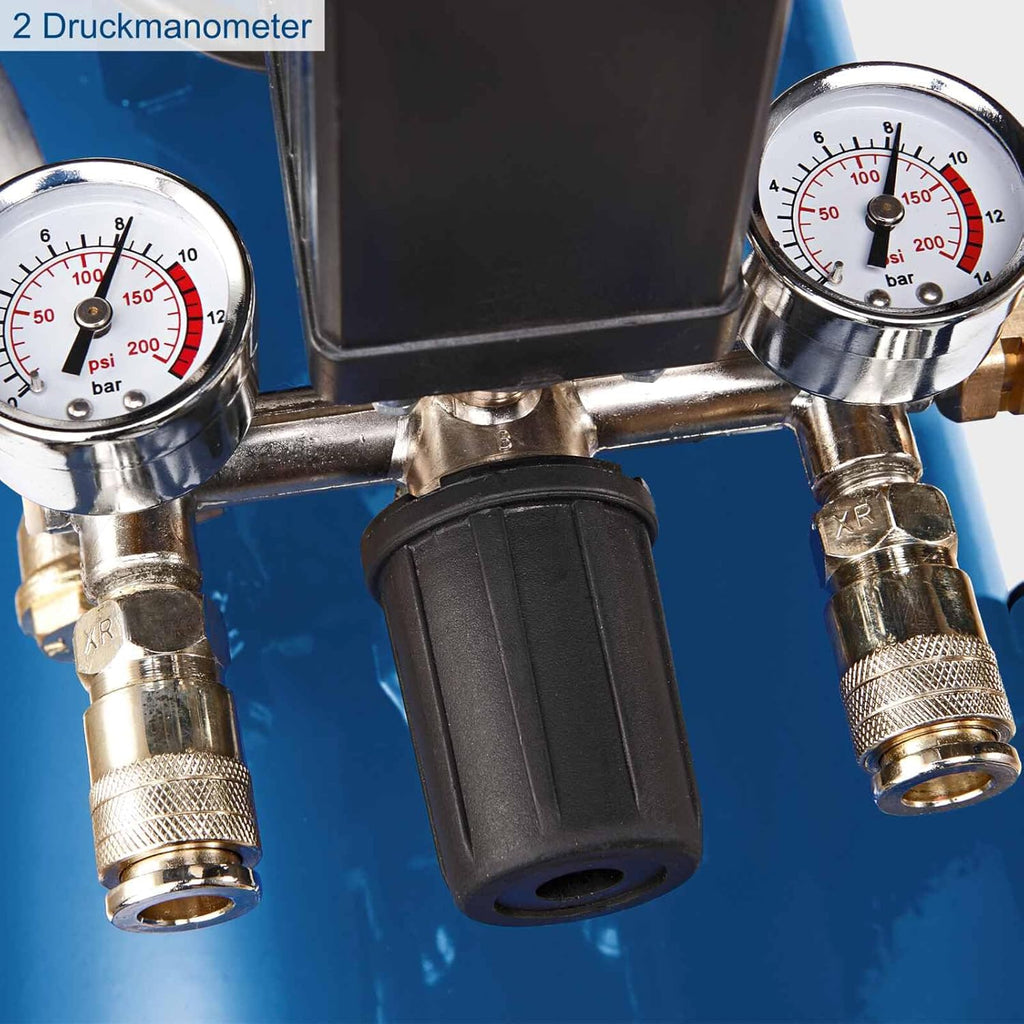 Compresor de aire Scheppach HC120DC lubricado con aceite y duradero, potencia de 2200W, depósito de 100L, presión máx. de 10 bar, capacidad de aspiración de 371L/min, con dispositivo de desplazamiento, regulador de presión y acoplamientos rápidos