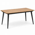 Mesa de jardín de madera y metal, 150 × 90 × 75 cm, marrón natural y negro, tablero de listones rectangular
