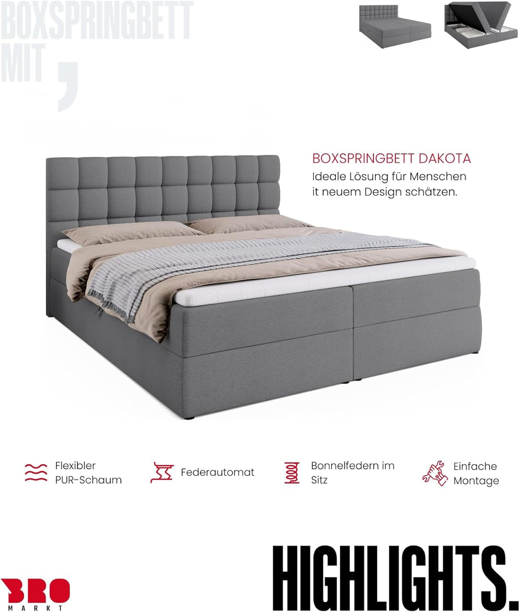Cama boxspring BROMARKT con arcón, cama tapizada con colchón Bonell y topper, cama para dormitorio, cabecero acolchado, modelo Dakota, muelles Bonell, 180x200, grado de firmeza H3, gris Malmo