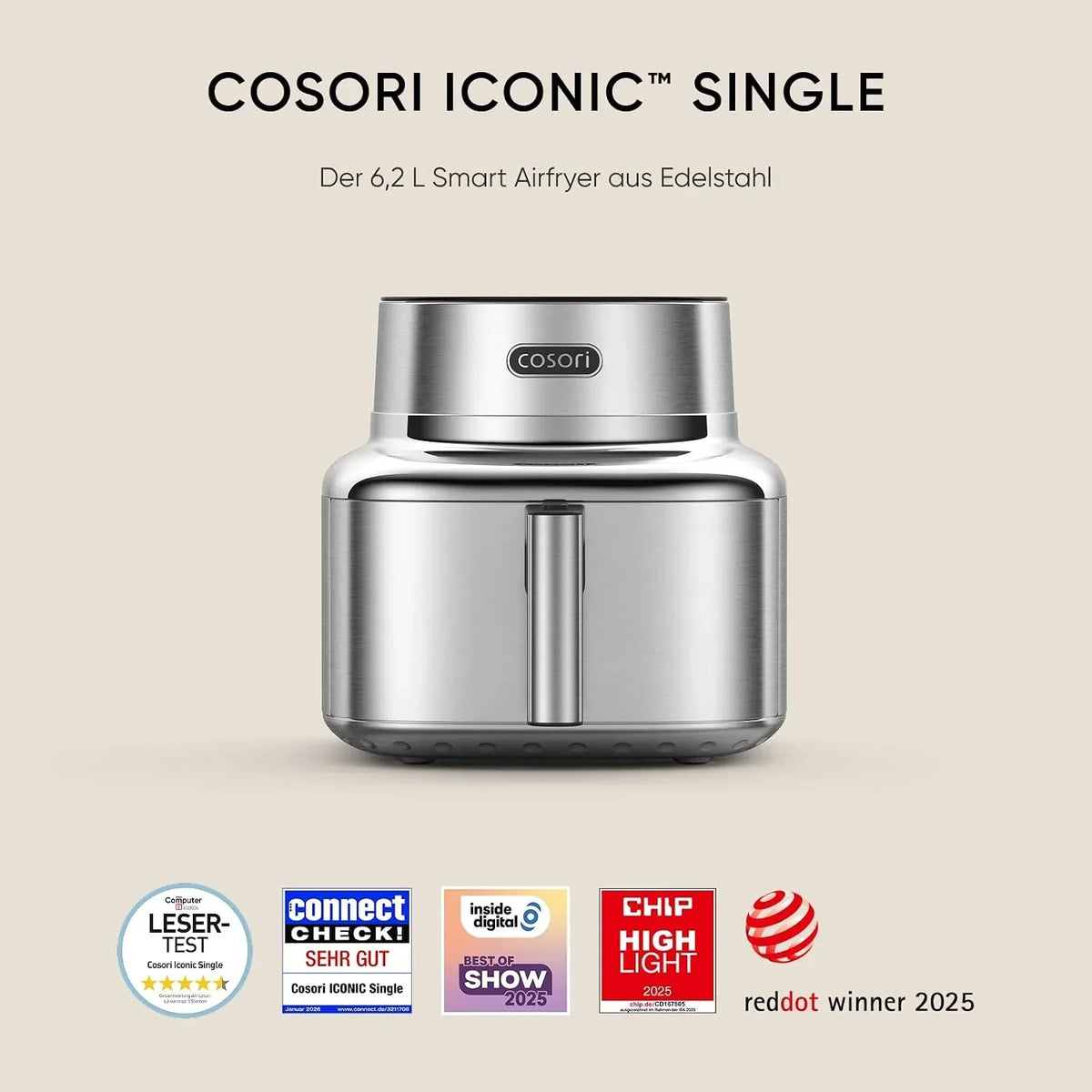 Freidora de aire con revestimiento cerámico ICONIC SE601S 6,2L 7 en 1 1725W, cubeta libre de PFAS, acero inoxidable