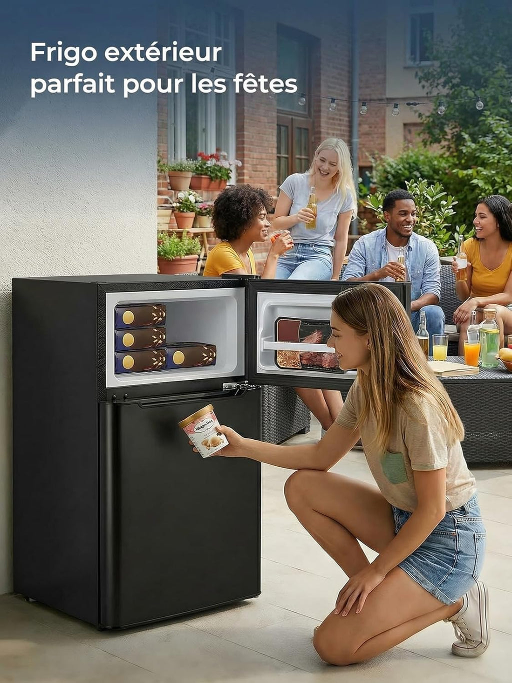 Mini frigorífico FOHERE con congelador, pequeño, 90 L (26 L de congelador | 64 L de frigorífico), para dormitorio, termostato de 7 niveles, eficiencia energética, 43 dB, con puerta reversible, para residencias y apartamentos