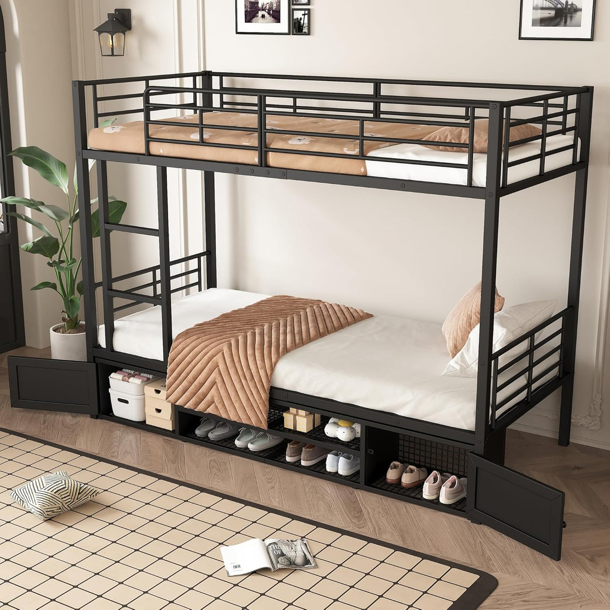 Litera cama infantil 90x200 cm, estructura de cama de metal con zapatero abierto y 2 armarios de almacenamiento con puertas, litera cama alta cama de hierro para niños, adolescentes y adultos, negro