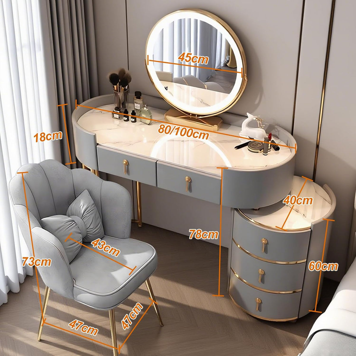 Tocador de maquillaje grande blanco, mesa de cosméticos con espejo de iluminación de 3 modos de color y taburete, mesa de maquillaje, tocador con 5 cajones, tocador de montaje flexible (Gris B, 100 cm)