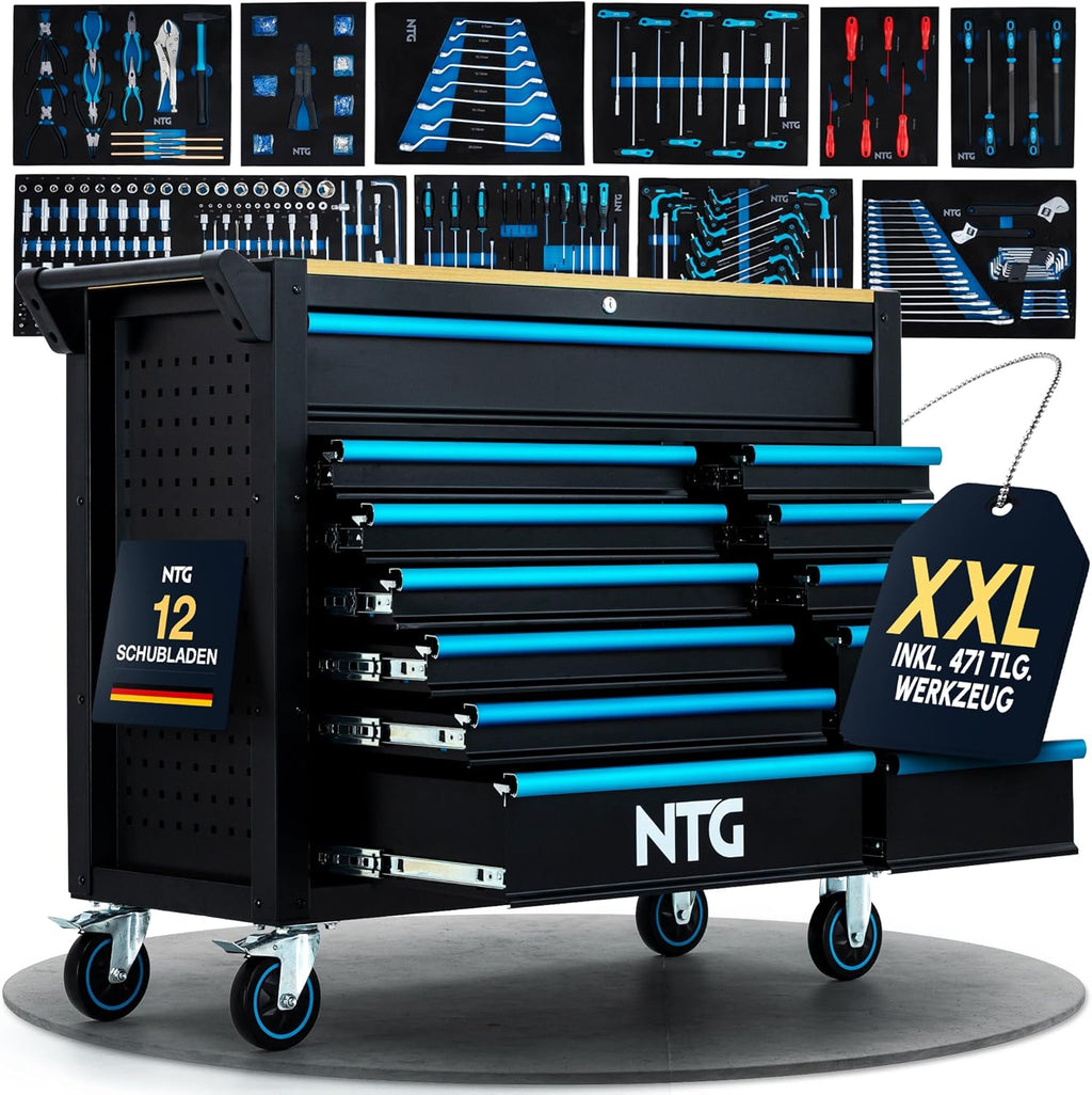 Carro de herramientas XXL NTG – equipado con 471 piezas – 12 cajones con encimera de madera, bloqueable, móvil sobre ruedas – Carro de taller profesional de metal para garaje y taller
