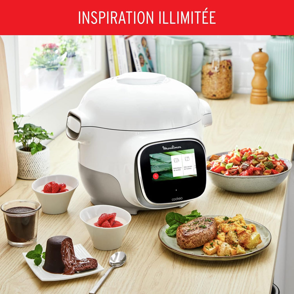 Moulinex Cookeo Touch Wifi Mini, multicocina inteligente de alta presión, 3 litros, 100 recetas integradas y recetas gratuitas vía Wifi, pantalla táctil, YY5132FB, Blanco