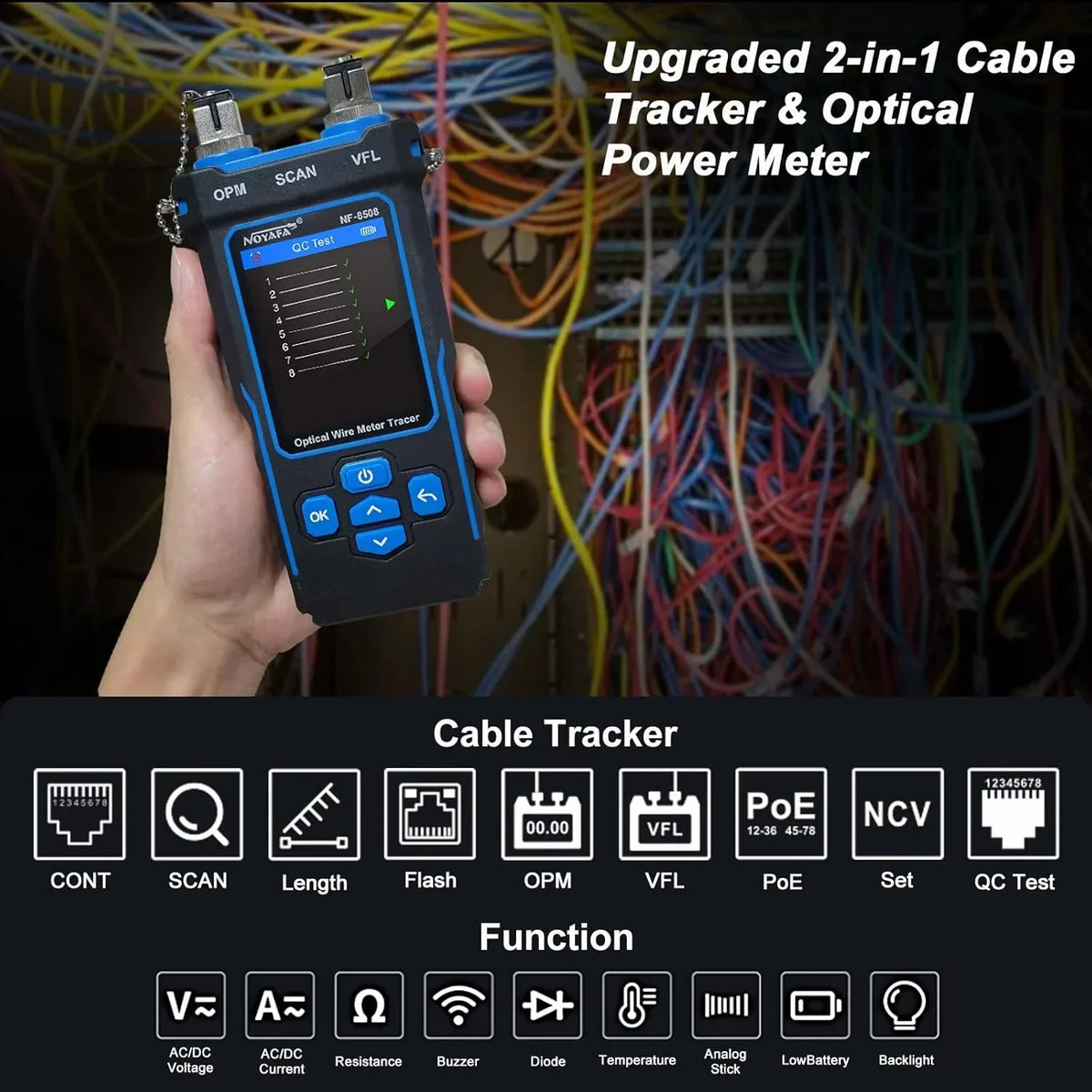 Probador de cables de red NF-8508 con RJ45, RJ11, prueba PoE, medidor de potencia óptica, función VFL, comprobación de cables CAT5 y CAT6
