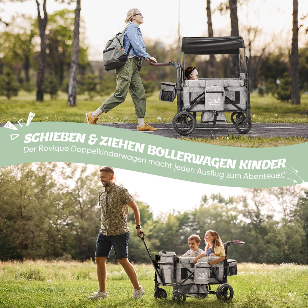 Carrito plegable RO-02 para 2 niños con techo, arnés de 5 puntos, ruedas de poliuretano, bandeja para aperitivos y estructura de aluminio, gris