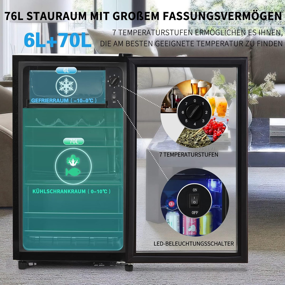 Minirefrigerador Merax de 76 L con compartimento de hielo, capacidad para 51 latas, funcionamiento silencioso, sistema de refrigeración por compresor, bajo consumo energético, estantes ajustables, negro