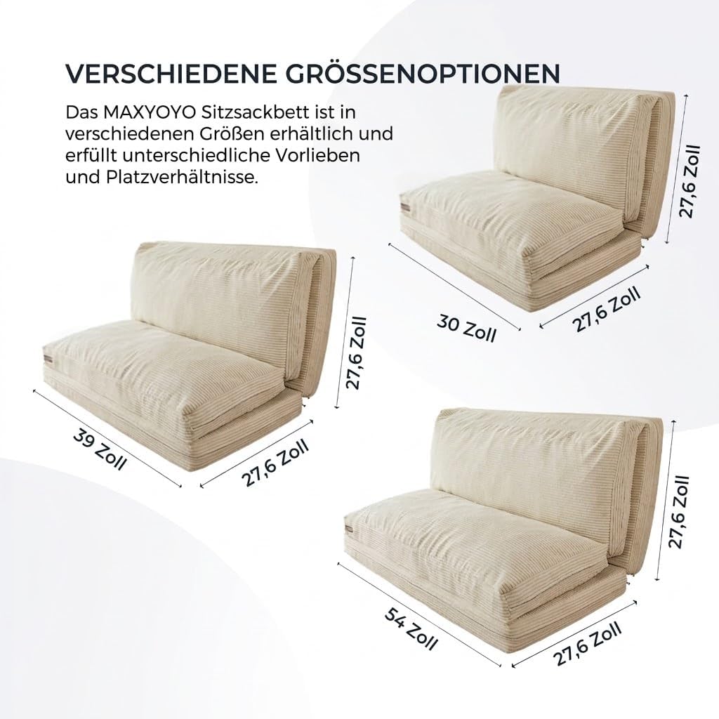 Cama tipo puf MAXYOYO, plegable, pana, sofá cama, colchón de suelo para adultos, extra grueso, plegable en 4 partes, sofá de suelo para dormitorio, sala de estar, beige, 75 x 240 cm