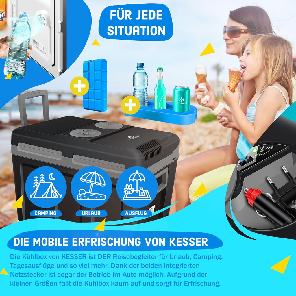 KESSER® Nevera eléctrica portátil 40L con ruedas | Calienta y enfría | Termoeléctrica | Mininevera | 12V y 230V | Para coche, camping y enchufe | Modo Eco | Incluye acumuladores de frío
