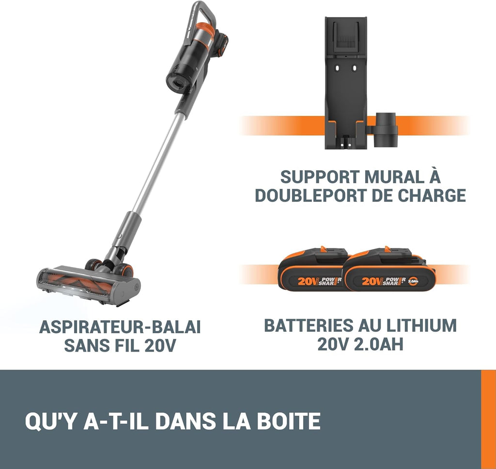 Aspiradora inalámbrica WORX 20V WX038, aspiradora de mano de 25Kpa, 45 min de autonomía, ligera para pelo de mascotas, alfombras, coche - incluye 2 baterías PowerShare, soporte de pared y cargador doble