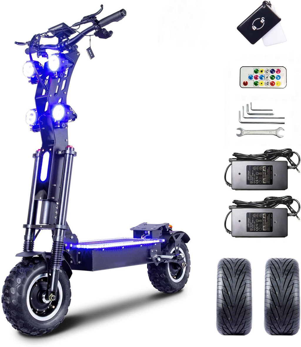 HWWH Patinete eléctrico potente plegable, scooter eléctrico todoterreno para adultos, 13 pulgadas, 3 velocidades, doble tracción, batería de litio de 72 V/50 Ah, autonomía máxima de 120 km