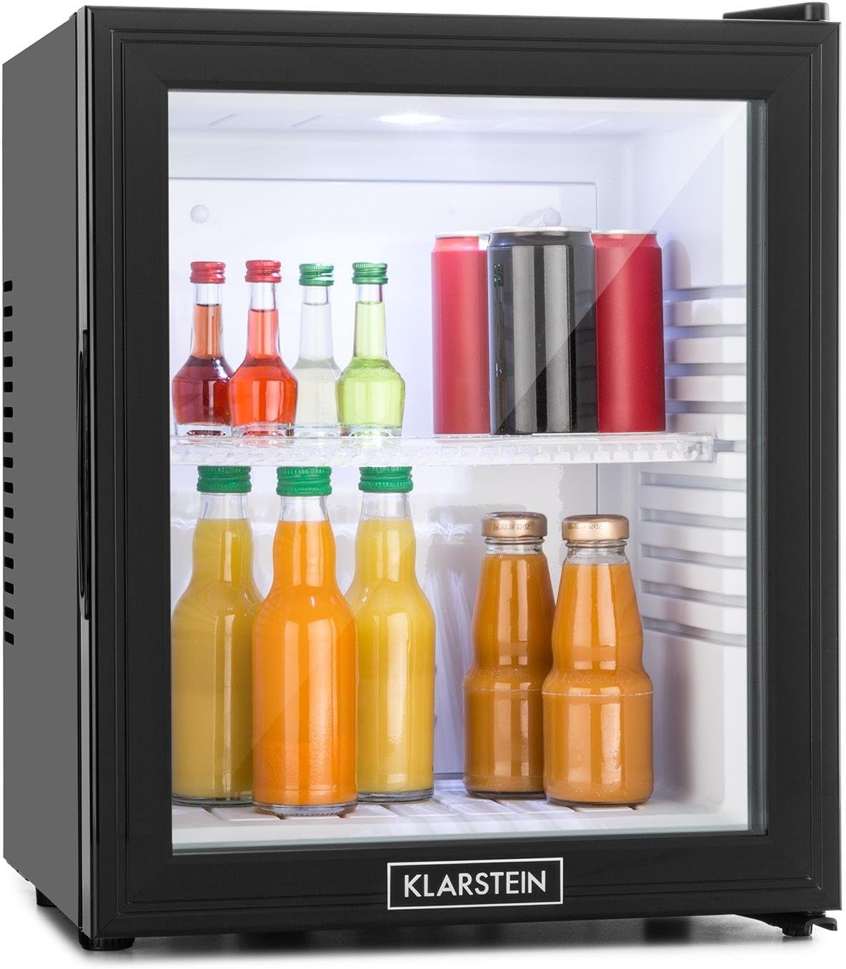 Minibar Klarstein MKS-13, mininevera, refrigerador de bebidas con estante (36 litros, silencioso, fácil de limpiar), negro y plateado