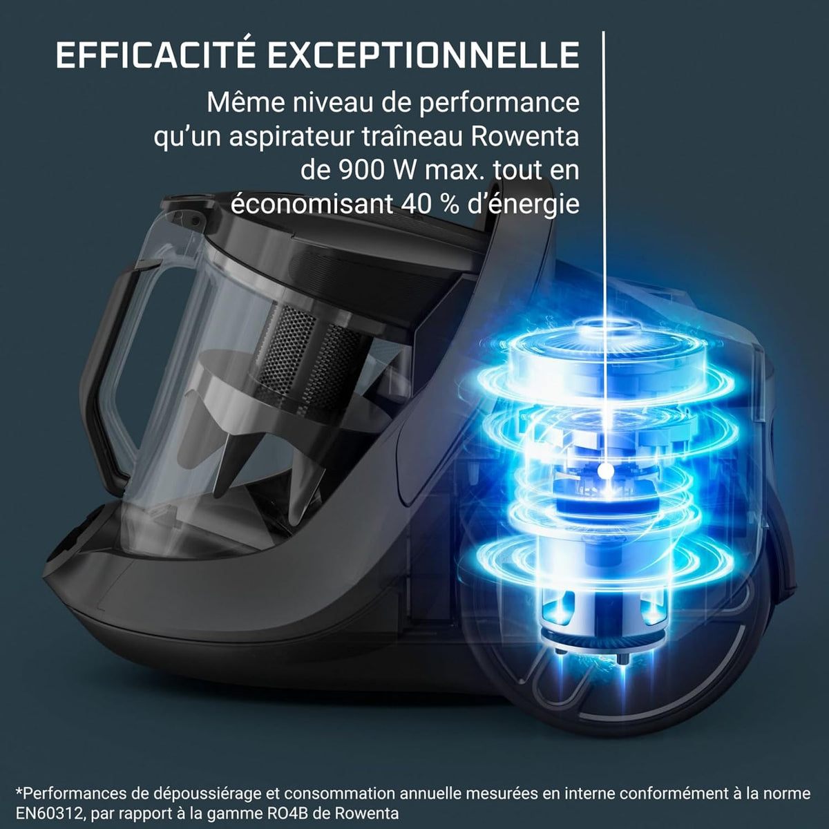 Aspiradora sin bolsa Rowenta, Motor de consumo ultra bajo, Ecodiseño, Sistema de filtración de alta eficiencia, Ultra silenciosa, Fabricada en Francia, Green Force Cyclonic Effitech+ RO7C66EA