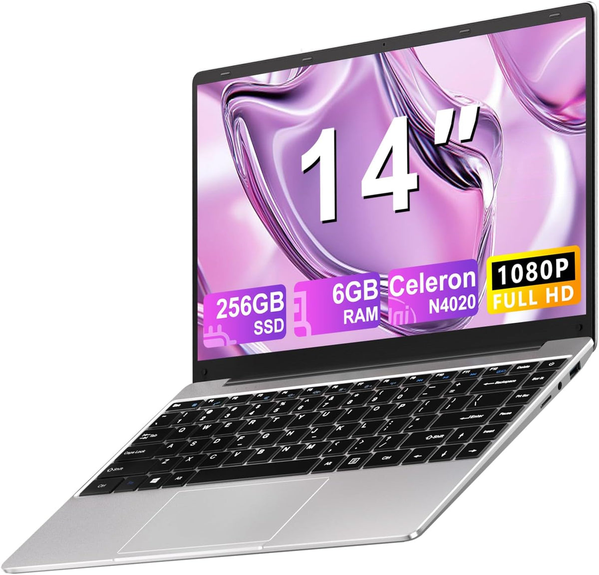 Portátil PC 2025 de 14 pulgadas Win11 Pro Celeron N4020 6 GB RAM+256 GB, soporte para expansión SSD de 1 TB (TF 512 GB), 5000 mAh, Mini HDMI, 1080P, ratón inalámbrico, teclado francés AZERTY de membrana, plateado