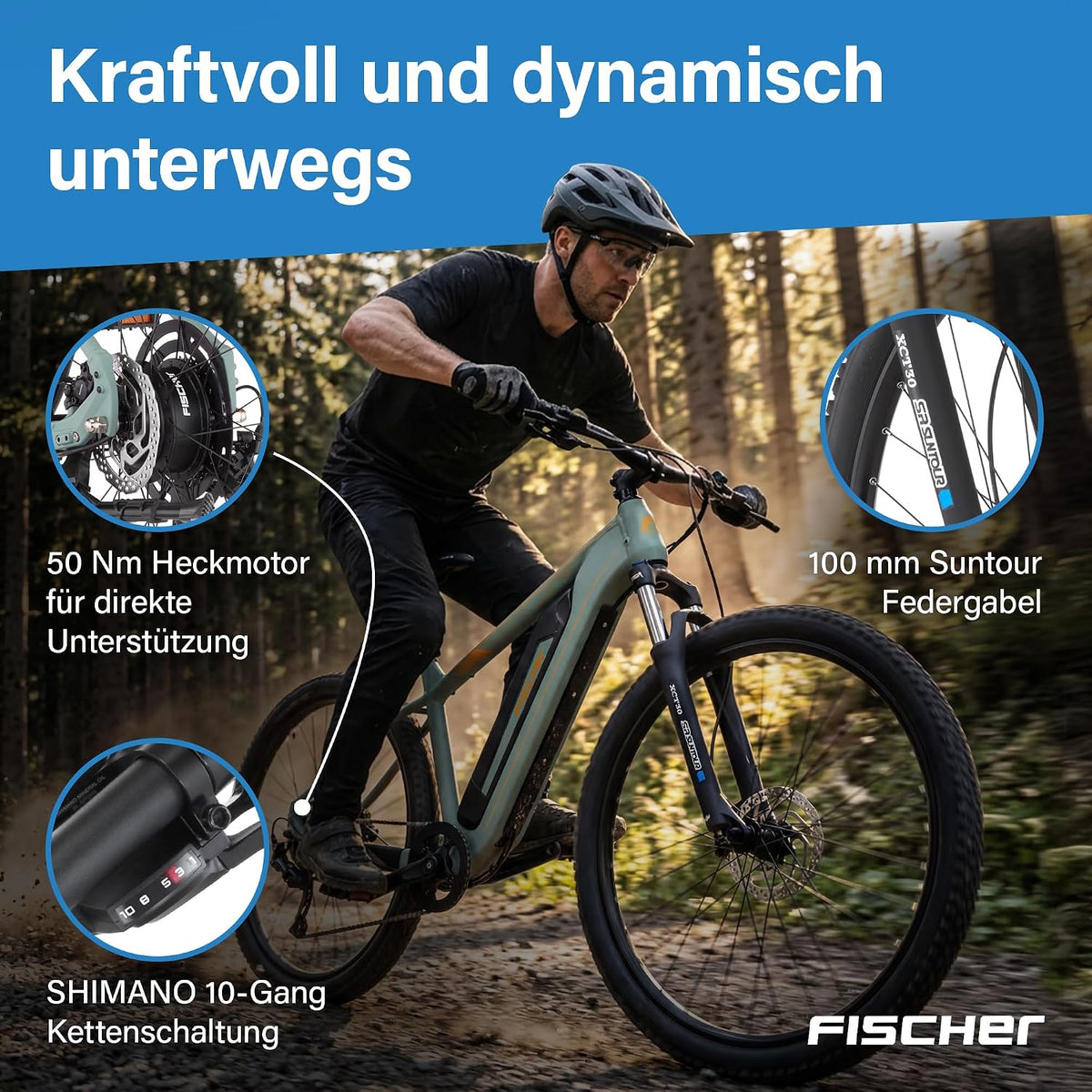 Bicicleta eléctrica de montaña Fischer E-Bike MTB Montis 2.2 Active para hombre y mujer, talla de cuadro 49, motor trasero 50 Nm, batería de 48 V