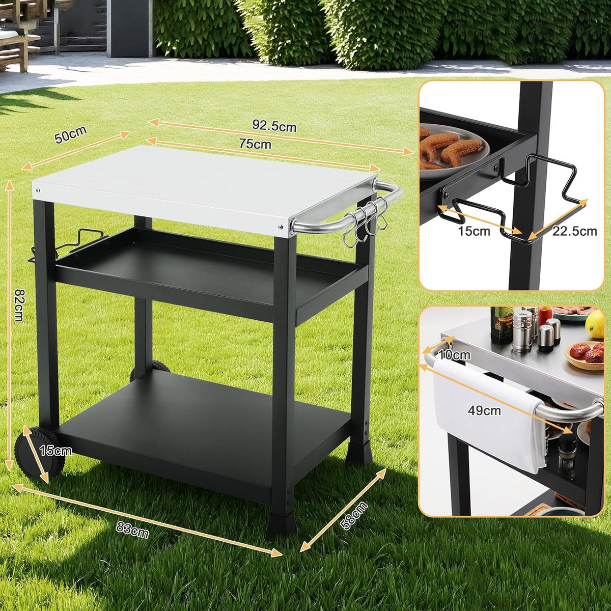 LIFERUN Edelstahl Grillwagen 3 Etagen, Grilltisch Outdoor mit Edelstahl Tischplatte, Grill Beistelltisch Servierwagen, Garten Trolley Küchenwagen mit Rollen Haken, BBQ Beistellwagen Außenbereich