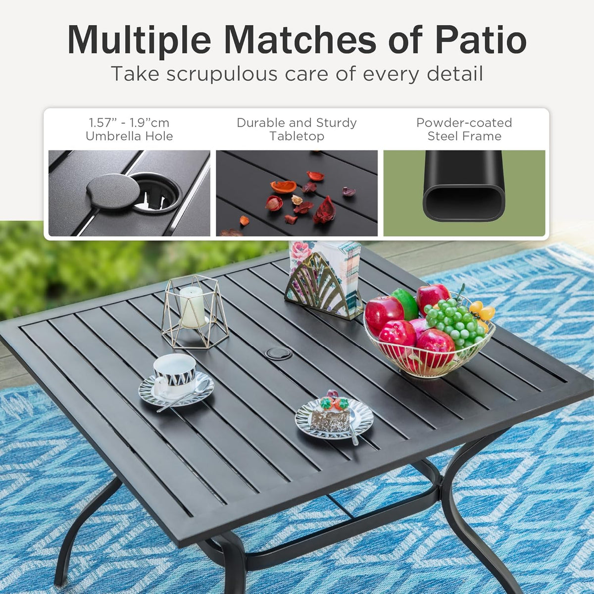 Mesa de jardín PHI VILLA resistente a la intemperie, revestimiento electrónico, metal, 94×94×71 cm, mesa de comedor cuadrada para exteriores, mesa de jardín, mesa de terraza, mesa de balcón, resistente a la intemperie, negra